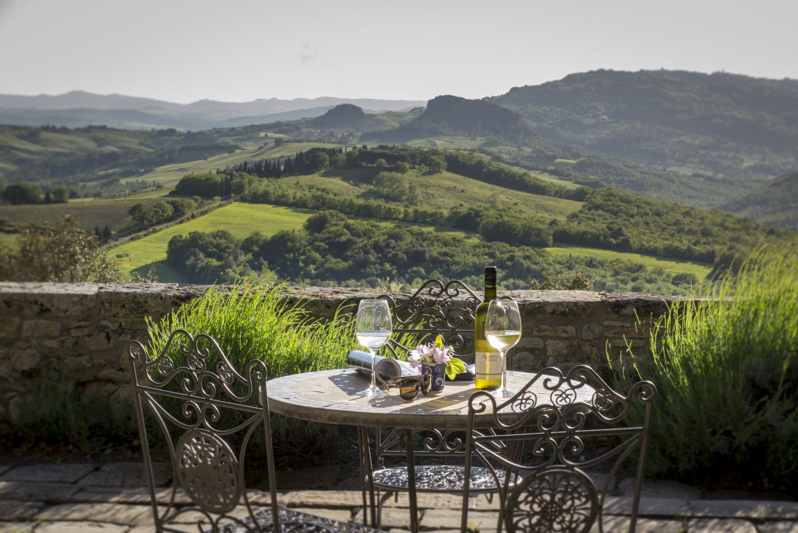 Views of the Tuscan hills from the terrace at Borgo Pignano in Italy