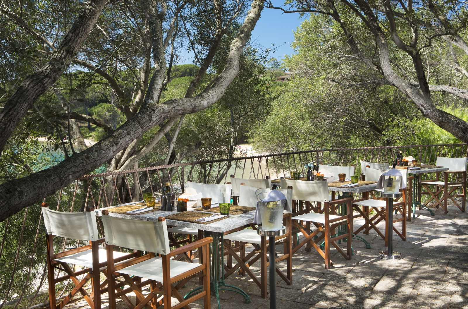 Casual dining overlooking the bay at luxury hotel Capo d'Orso on Sardinia, Italy