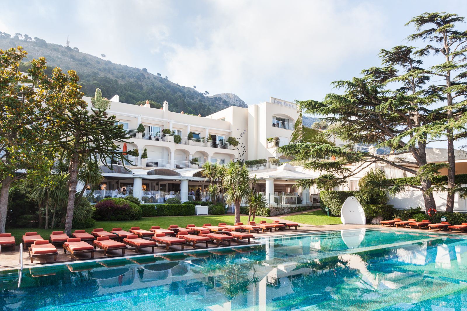 Luxury Hotel Capri Palace Jumeirah in Anacapri Main Pool Exterior with Sun Loungers