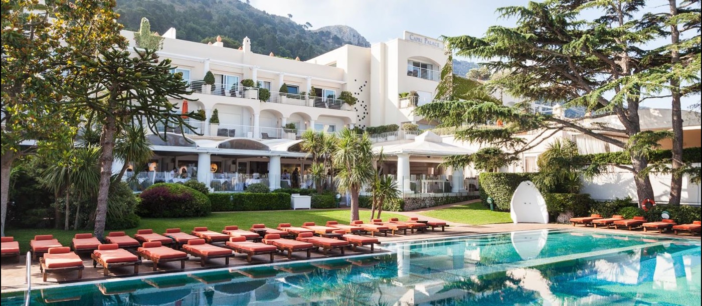 Luxury Hotel Capri Palace Jumeirah in Anacapri Main Pool Exterior with Sun Loungers