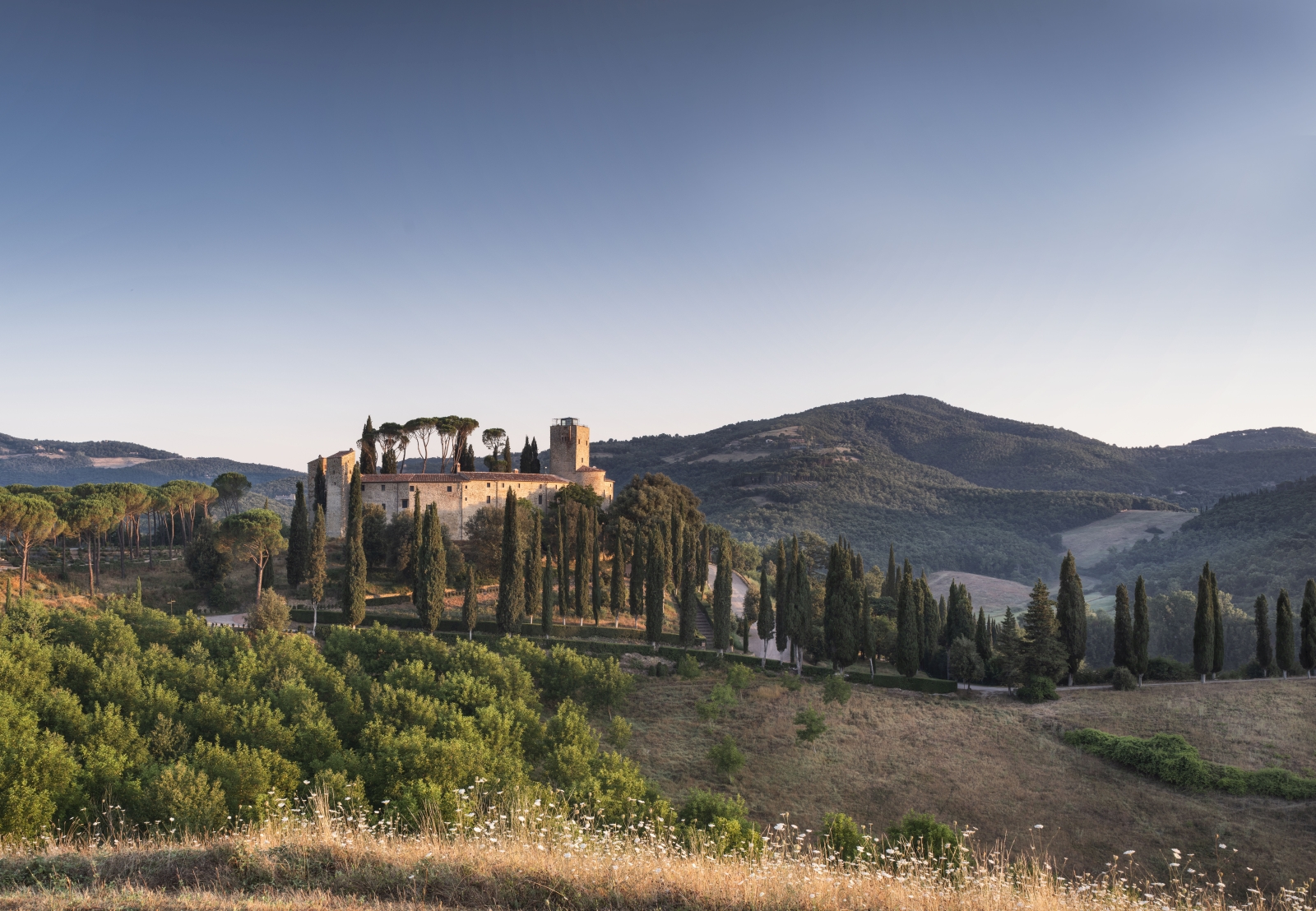 Distant view of hotel Castello di Reschio in Umbria Italy