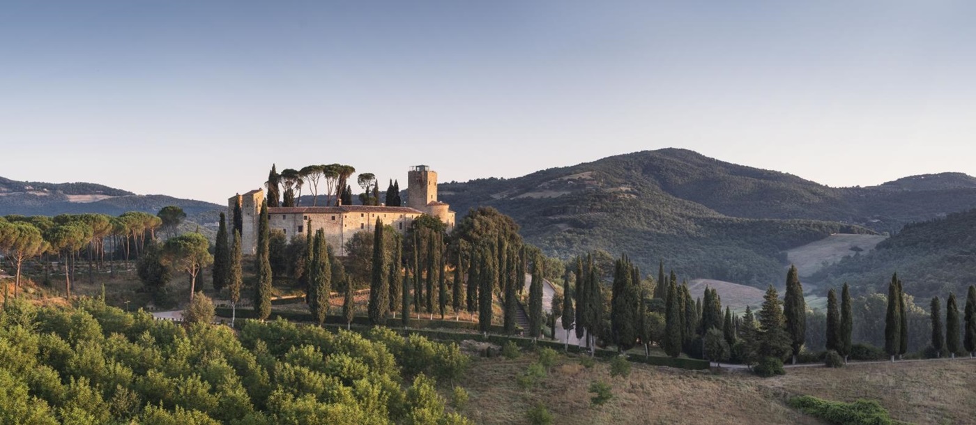 Distant view of hotel Castello di Reschio in Umbria Italy