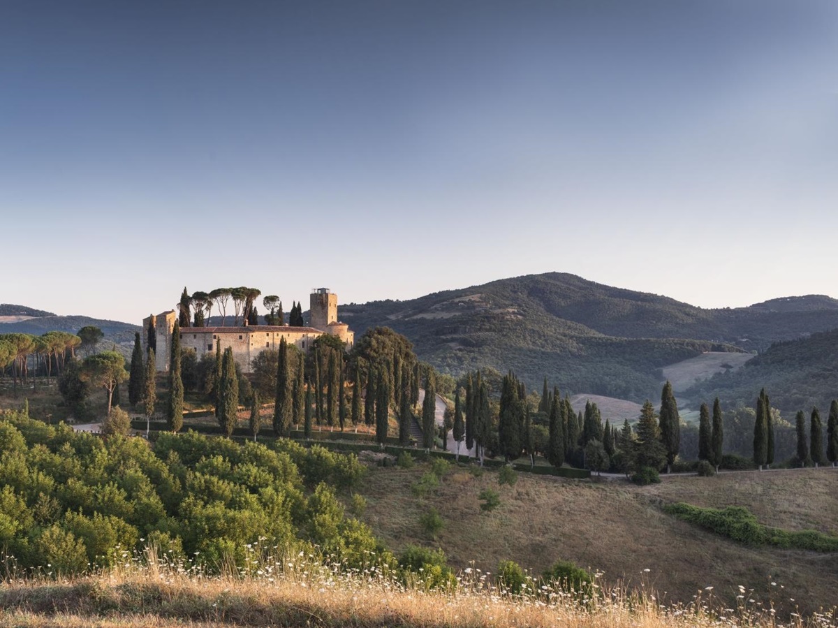 Distant view of hotel Castello di Reschio in Umbria Italy