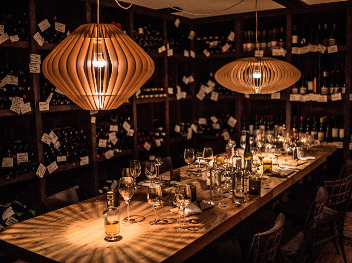 Wine cellar restaurant setup at Ciasa Salares in the Dolomites