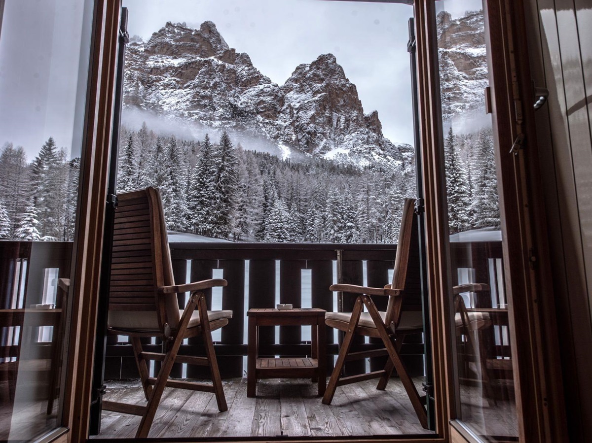 Wintry view from a guise suite at Ciasa Salares in the Dolomites