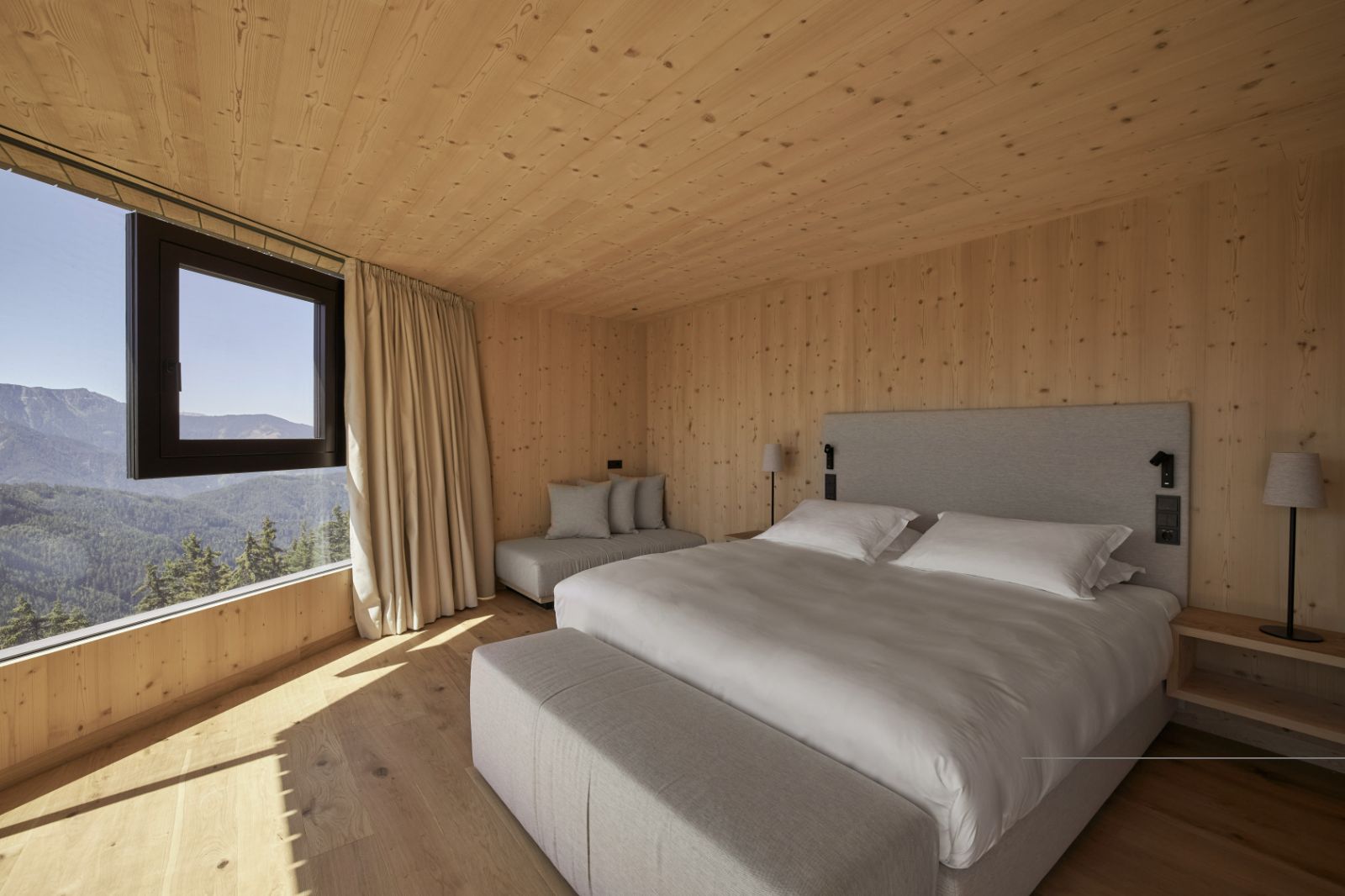 Penthouse bedroom at the Forestis hotel in the Dolomites