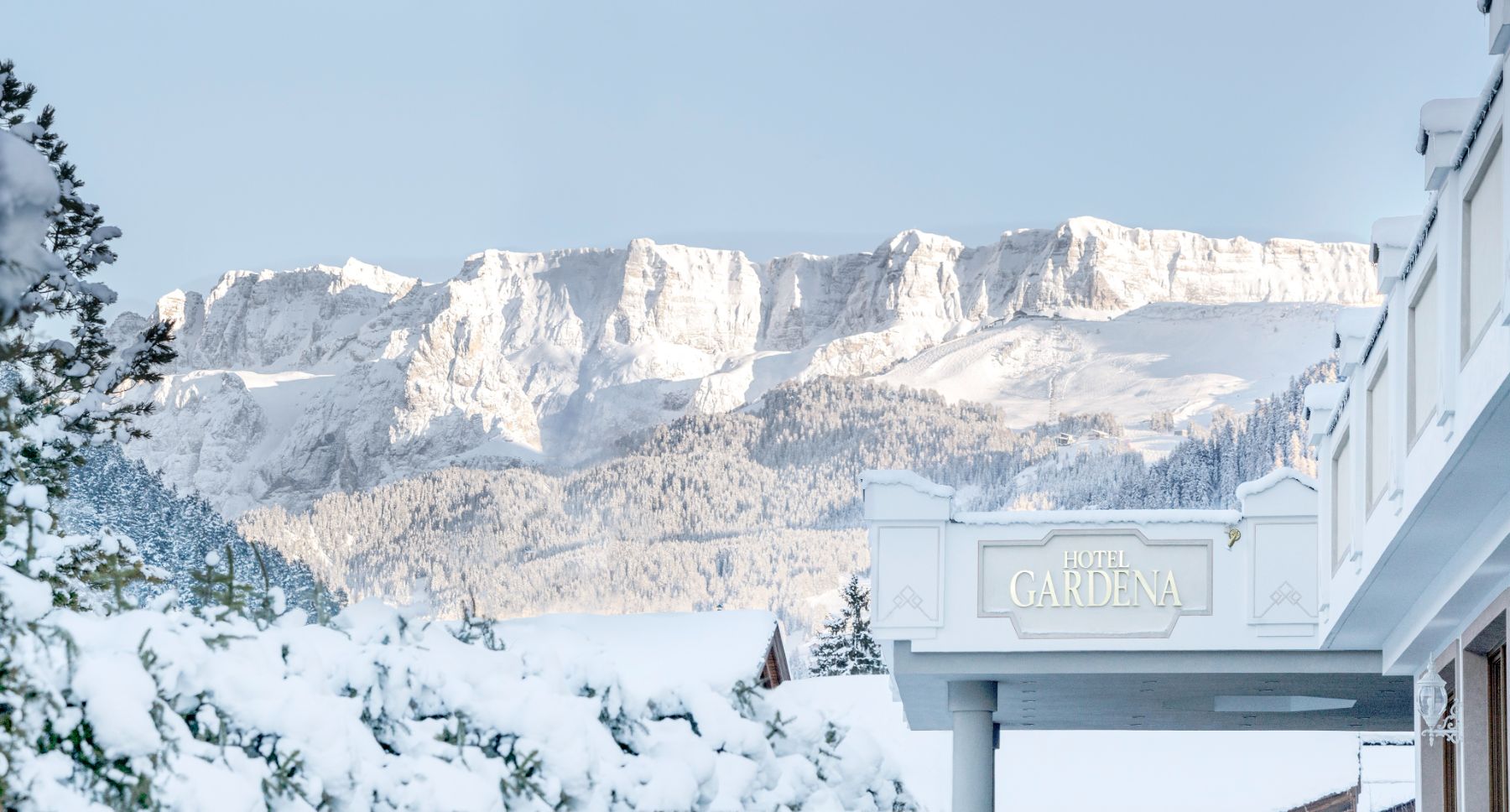 View of the mountains in winter from Gardena Grodnerhof Hotel & Spa in the Dolomites
