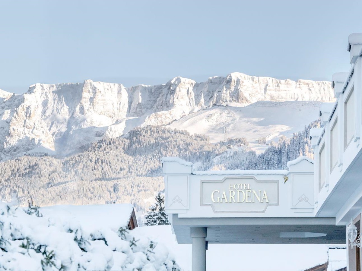 View of the mountains in winter from Gardena Grodnerhof Hotel & Spa in the Dolomites