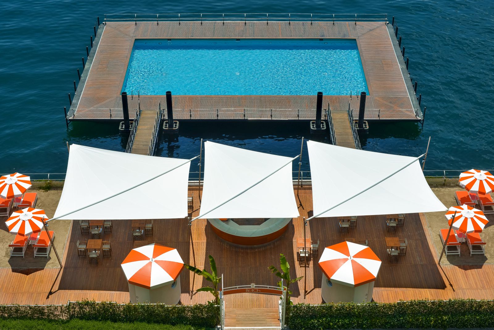 Aerial view of the beach club at Grand Hotel Tremezzo Lake Como Italy