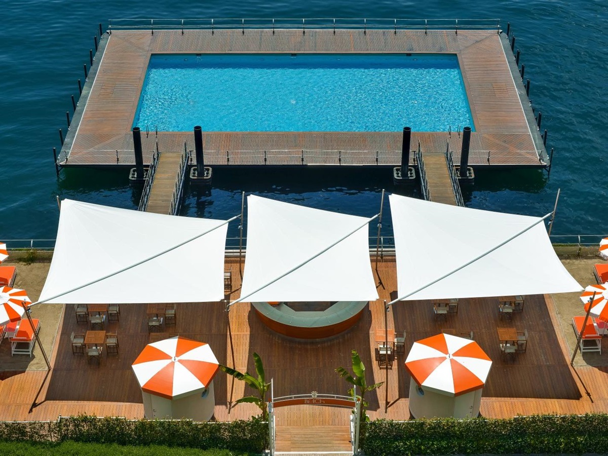 Aerial view of the beach club at Grand Hotel Tremezzo Lake Como Italy