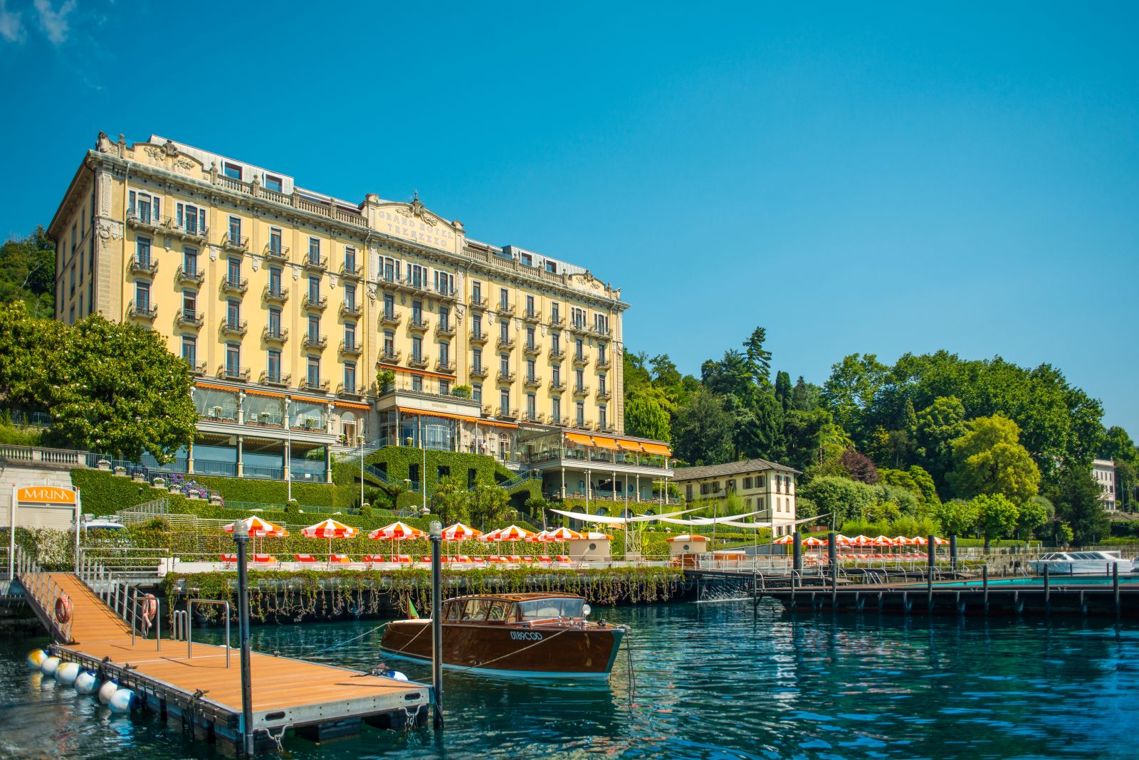 Facade and beach club at Grand Hotel Tremezzo Lake Como Italy