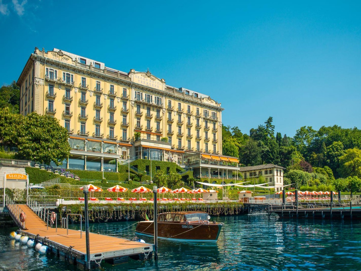 Facade and beach club at Grand Hotel Tremezzo Lake Como Italy