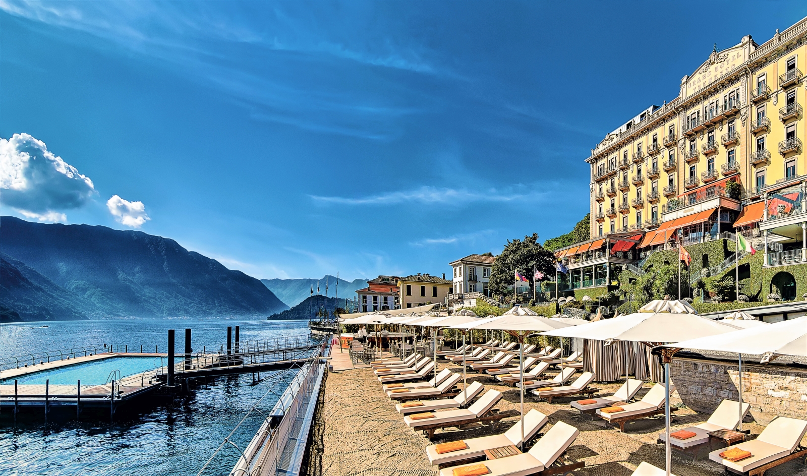 Beach at Grand Hotel Tremezzo on Lake Como in Italy