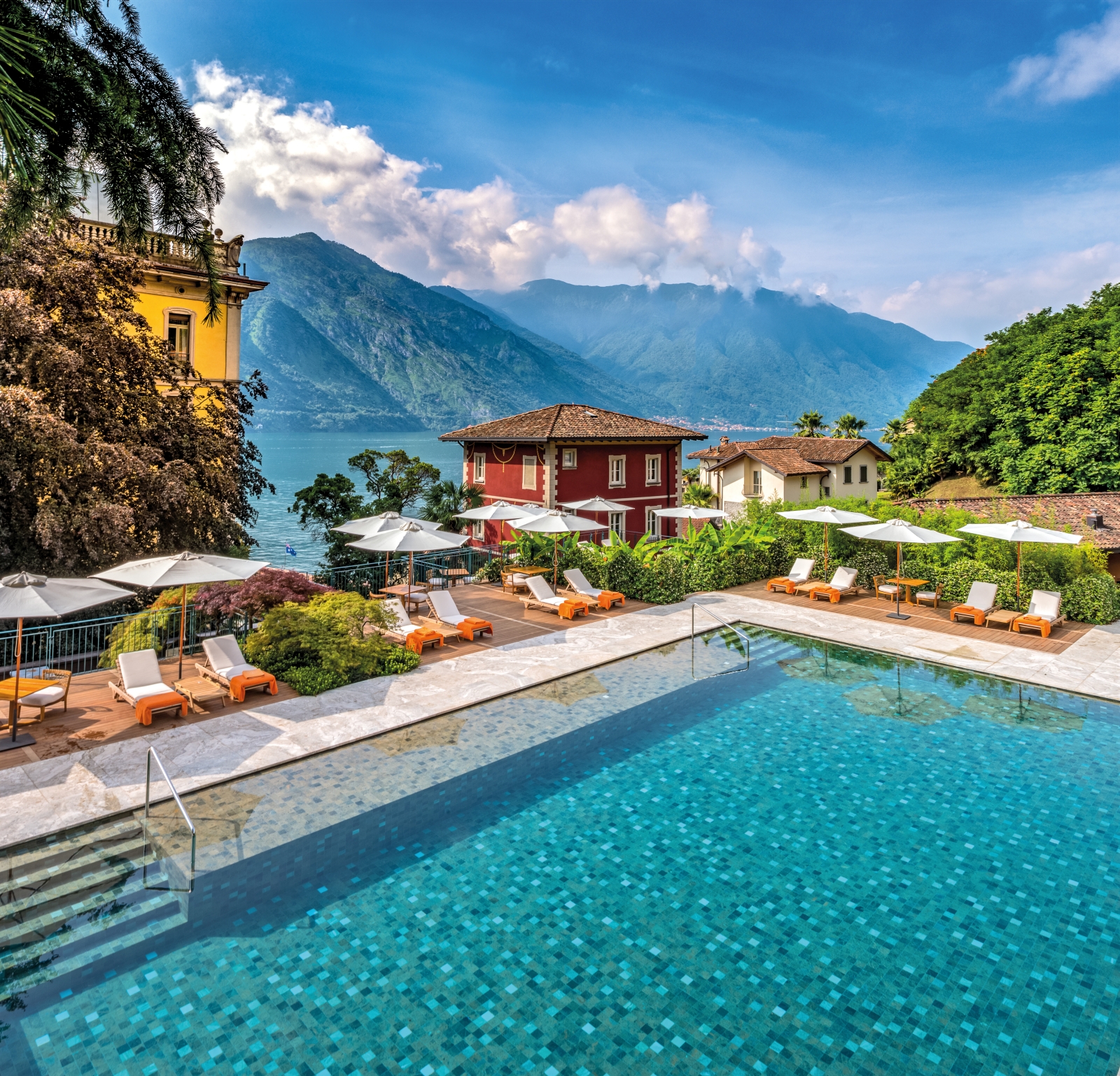 Pool view with Lake Como in background at Grand Hotel Tremezzo