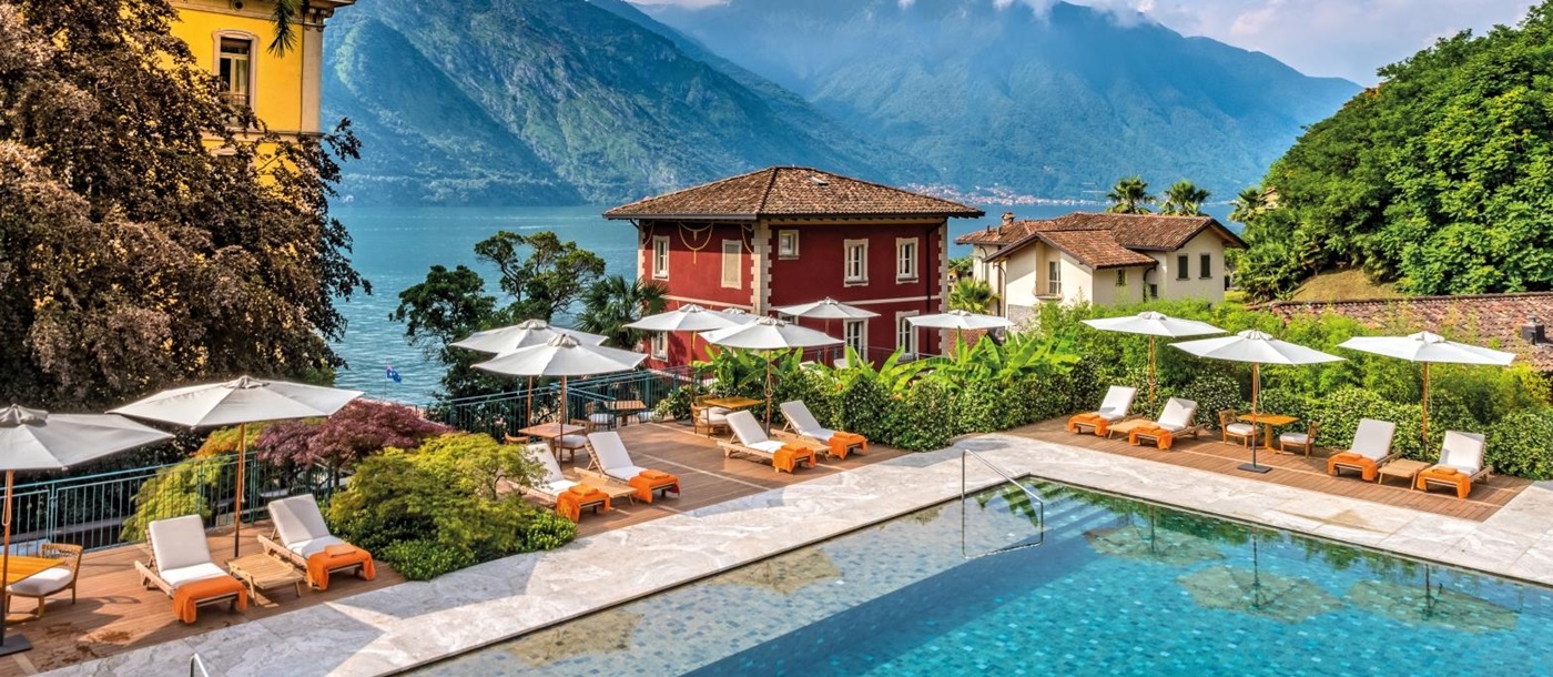 Pool view with Lake Como in background at Grand Hotel Tremezzo