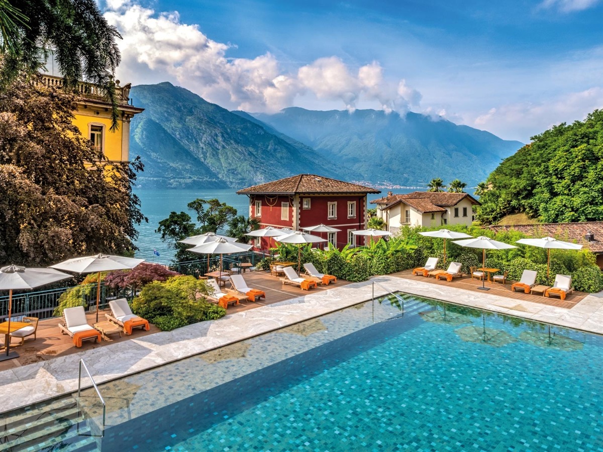 Pool view with Lake Como in background at Grand Hotel Tremezzo