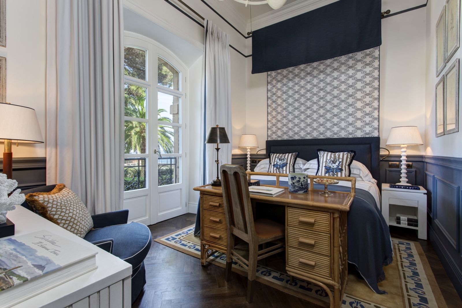 Plush bedroom at Grand Hotel Villa Igiea in Palermo, Sicily, Italy