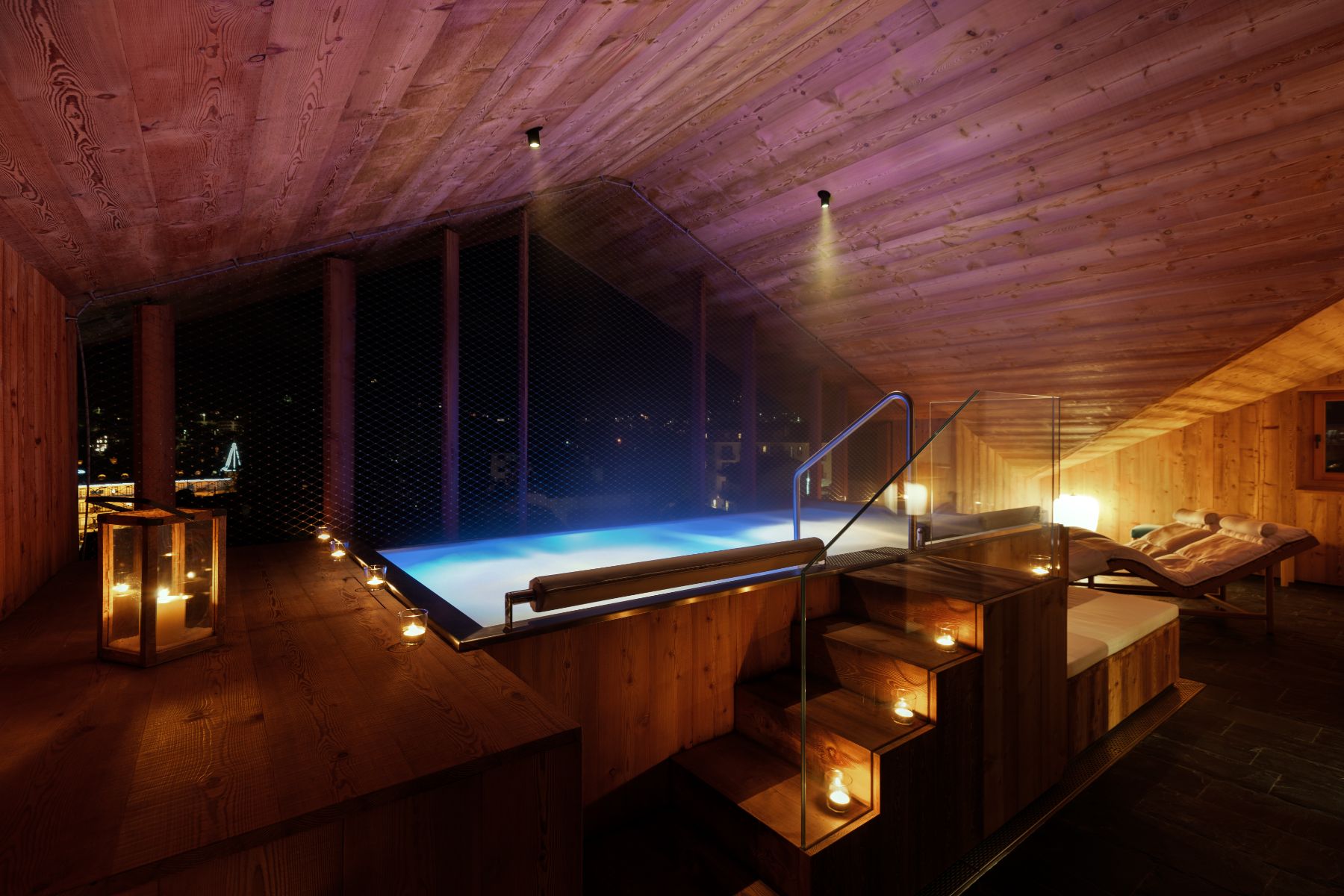 Spa pool at night at Hotel de Len in the Dolomites