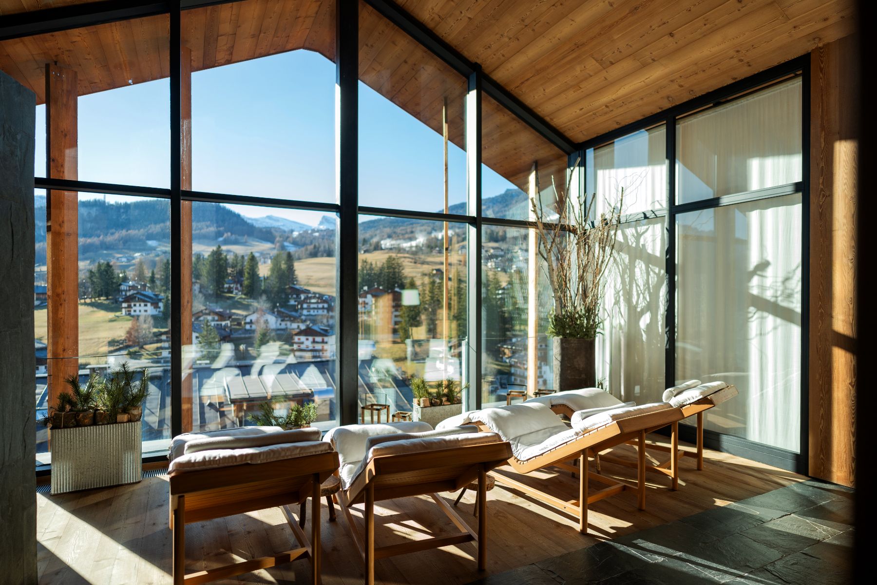 Spa with mountain views at Hotel de Len in the Dolomites