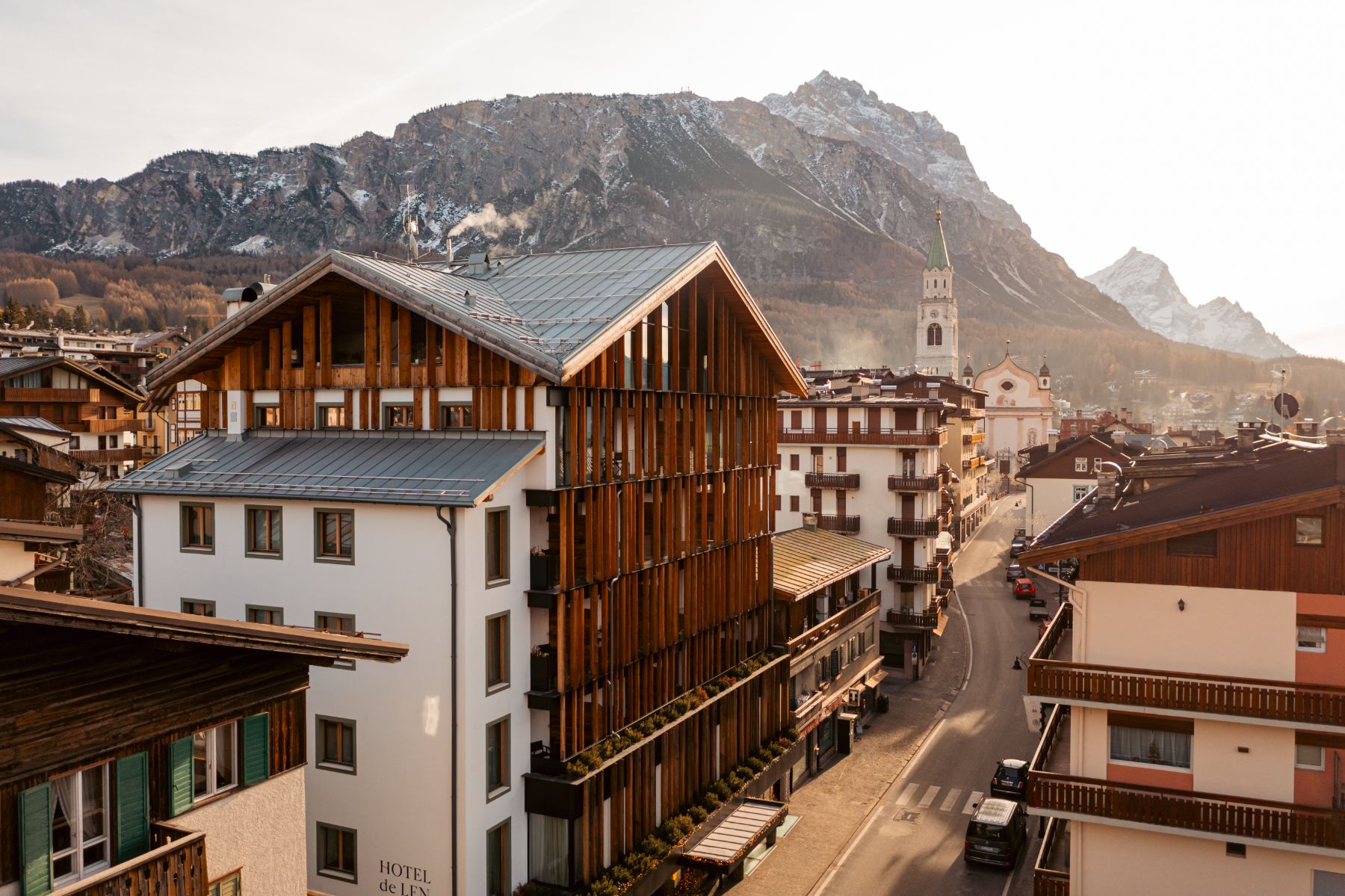 Street view of Hotel de Len in the Dolomites