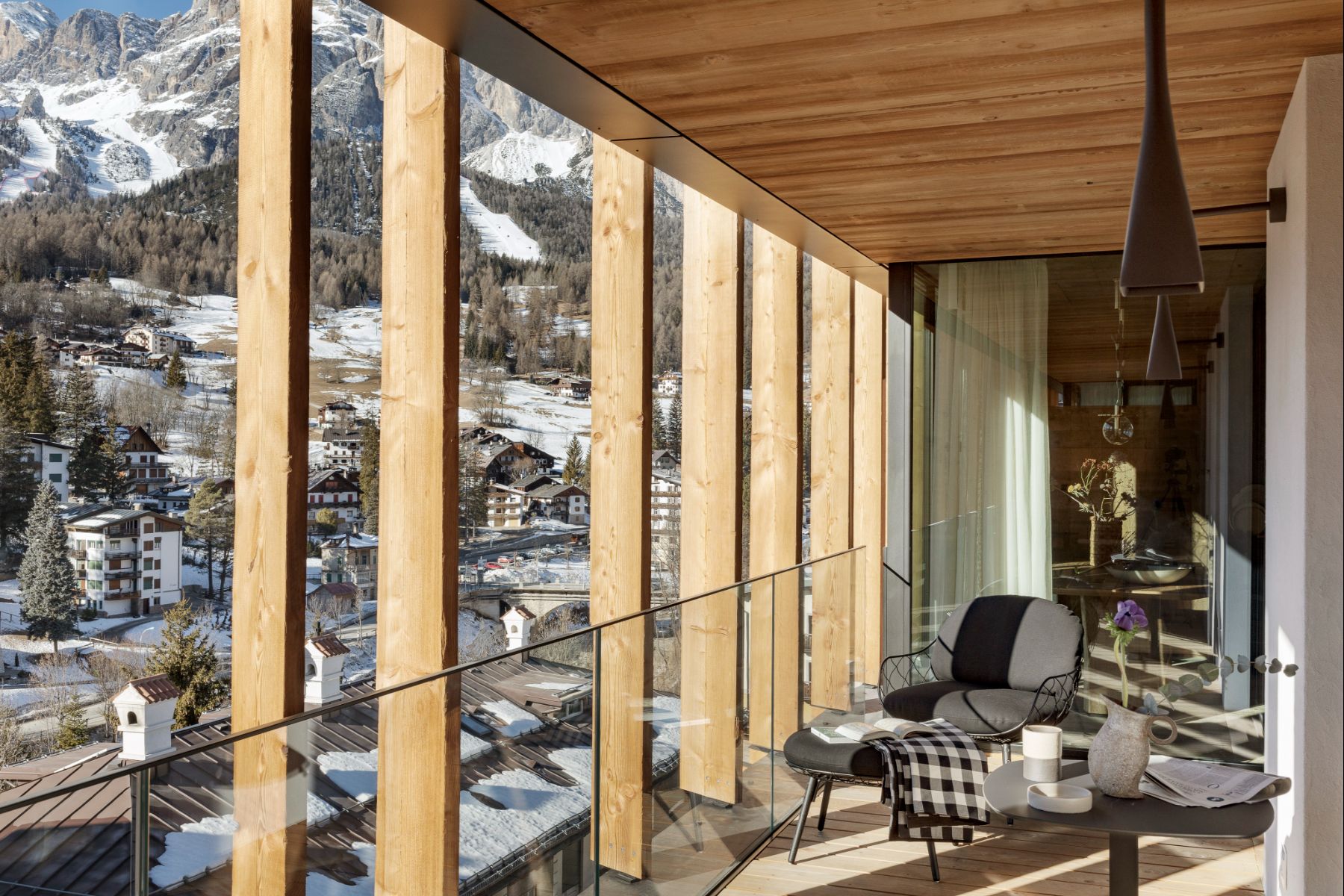Terrace with mountain views at Hotel de Len in the Dolomites