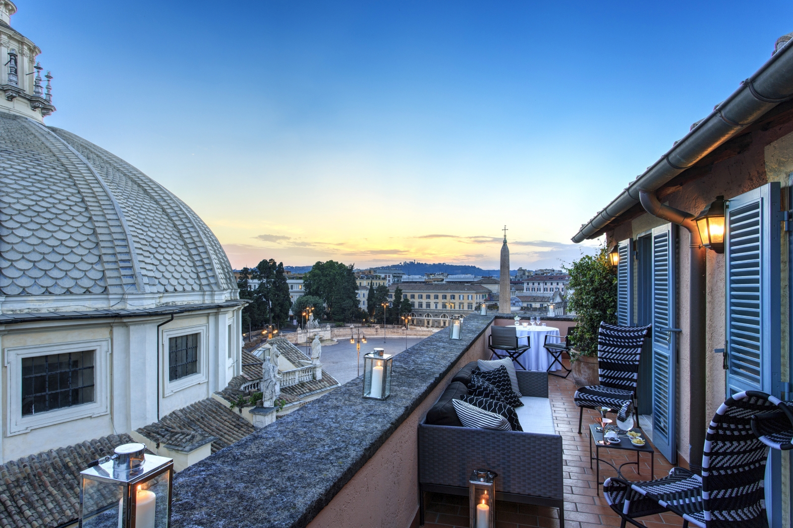 Terrace of the Popolo Suite overlooking the surrounding area at Hotel de Russie, luxury hotel in Rome, Italy