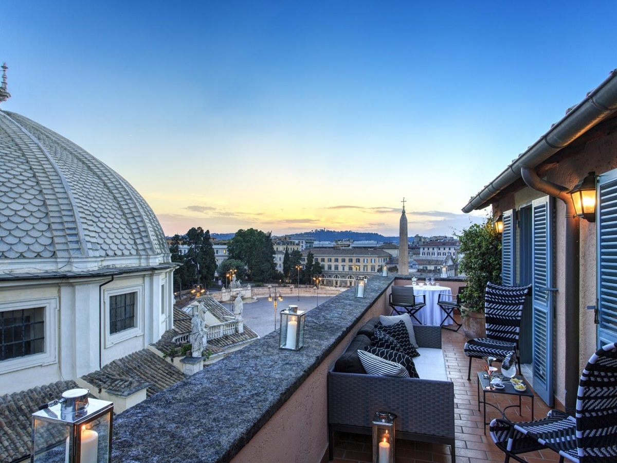 Terrace of the Popolo Suite overlooking the surrounding area at Hotel de Russie, luxury hotel in Rome, Italy