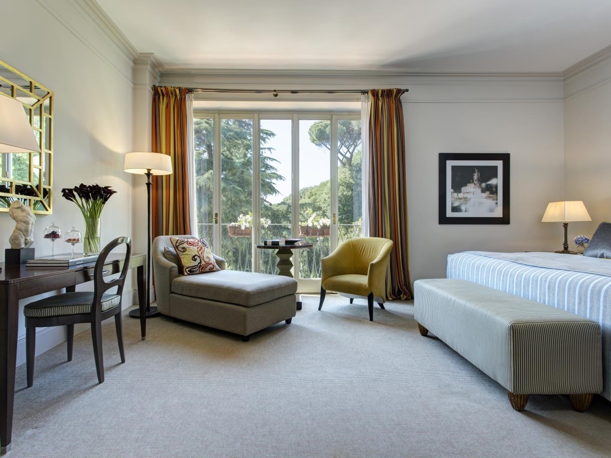 A superior deluxe room at Hotel de Russie, luxury hotel in Rome, Italy, overlooking the gardens
