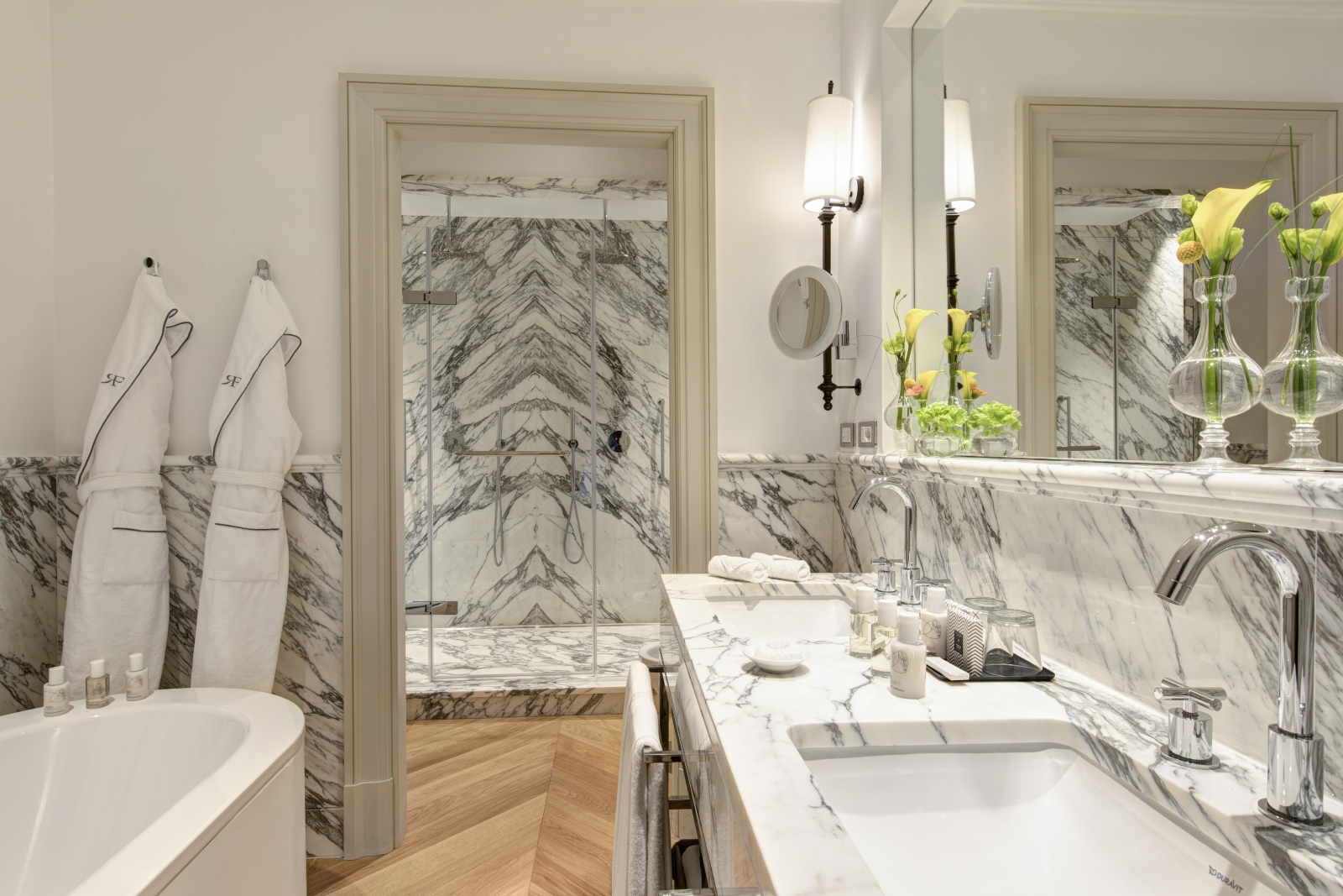 marble bathroom of the Valadier Suite at Hotel de Russie, luxury hotel in Rome, Italy