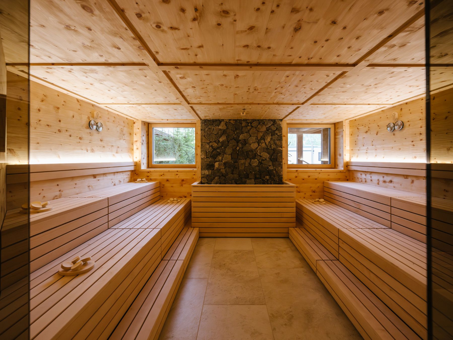 Spa and sauna room at Hotel La Perla in Corvara.