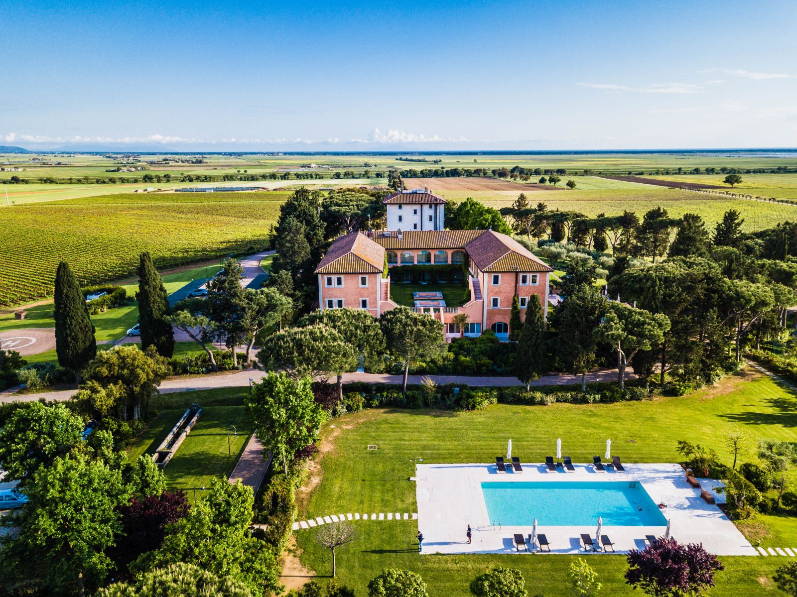 Aerial view of Hotel L'Andana Tuscany and surrounding countryside