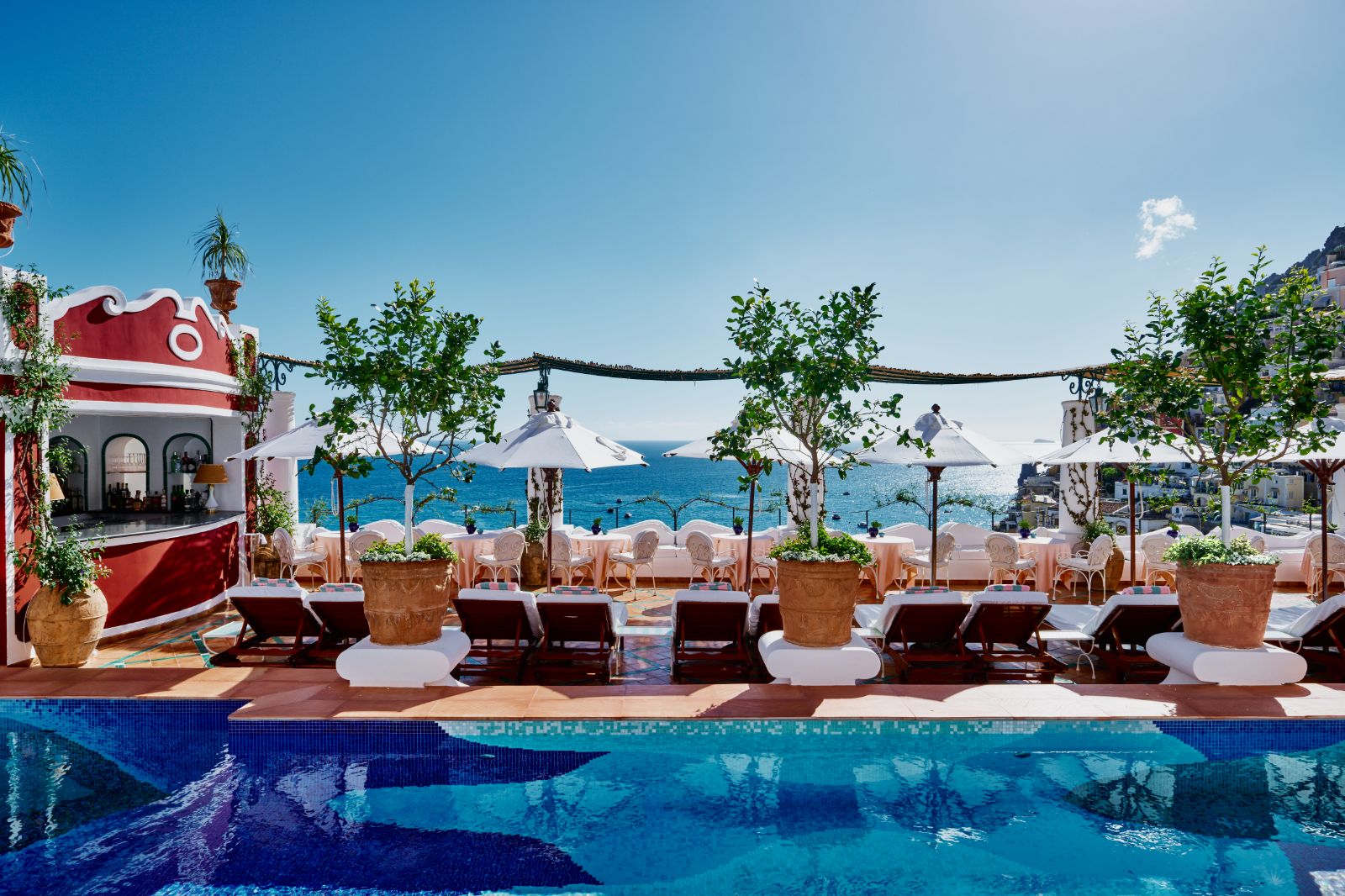 Luxury Positano Hotel Le Sirenuse Outdoor Pool Poolside with Sun Loungers Overlooking Sea