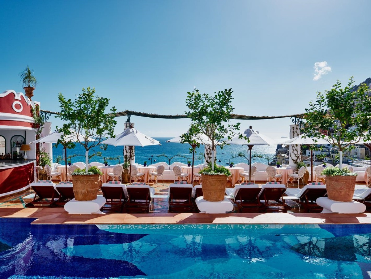 Luxury Positano Hotel Le Sirenuse Outdoor Pool Poolside with Sun Loungers Overlooking Sea