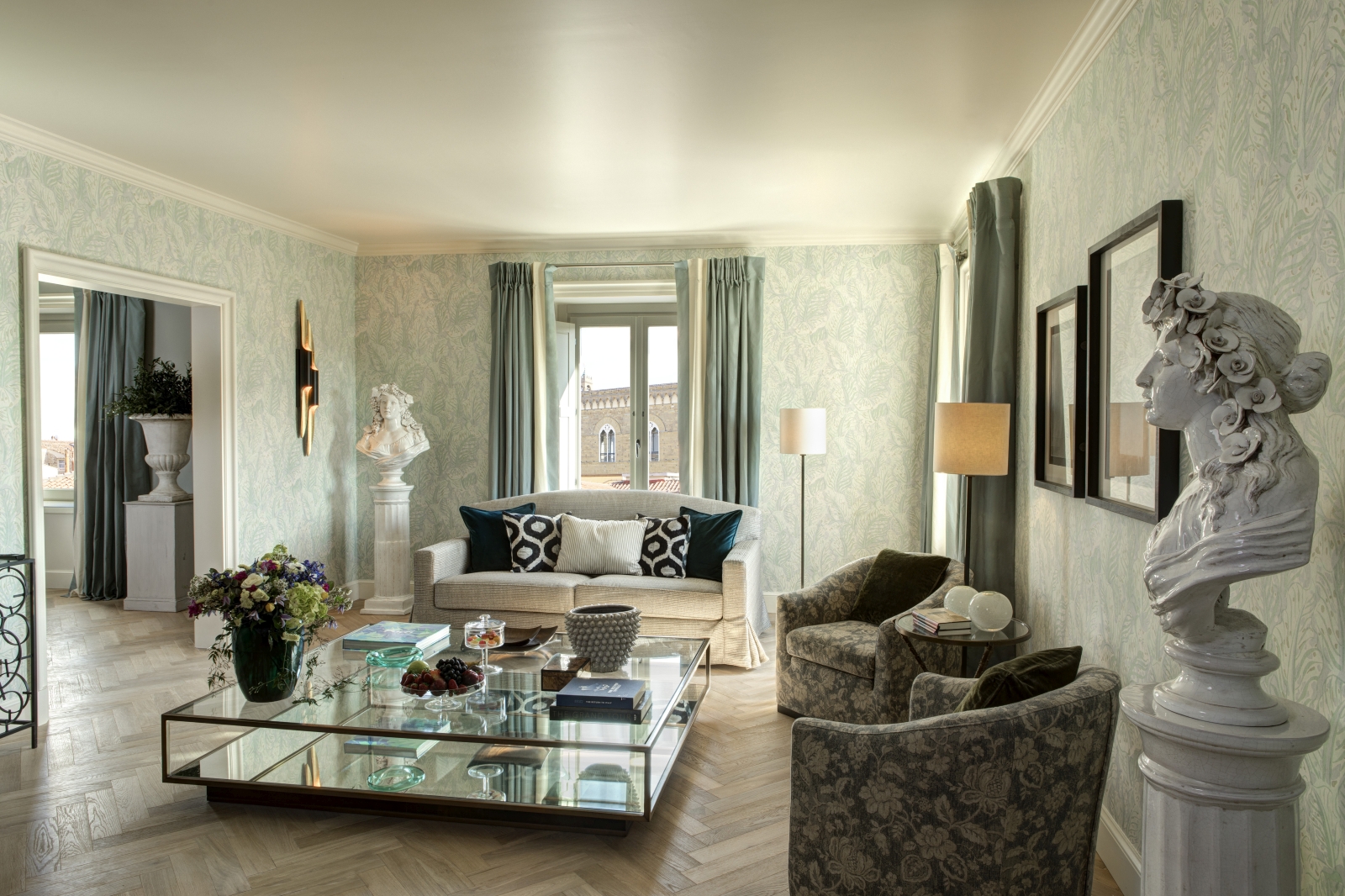 Living room of the Grand View Suite at Hotel Savoy, a luxury hotel in Florence, Italy