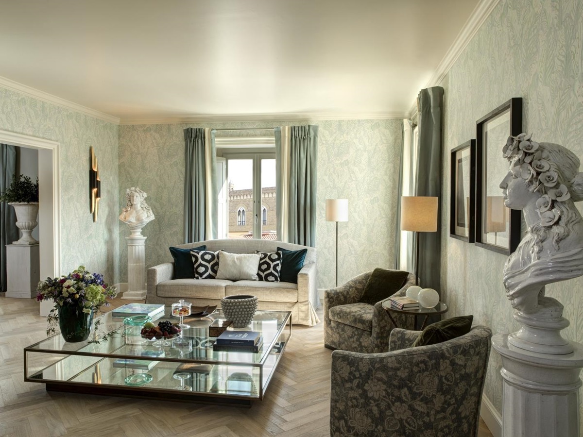 Living room of the Grand View Suite at Hotel Savoy, a luxury hotel in Florence, Italy