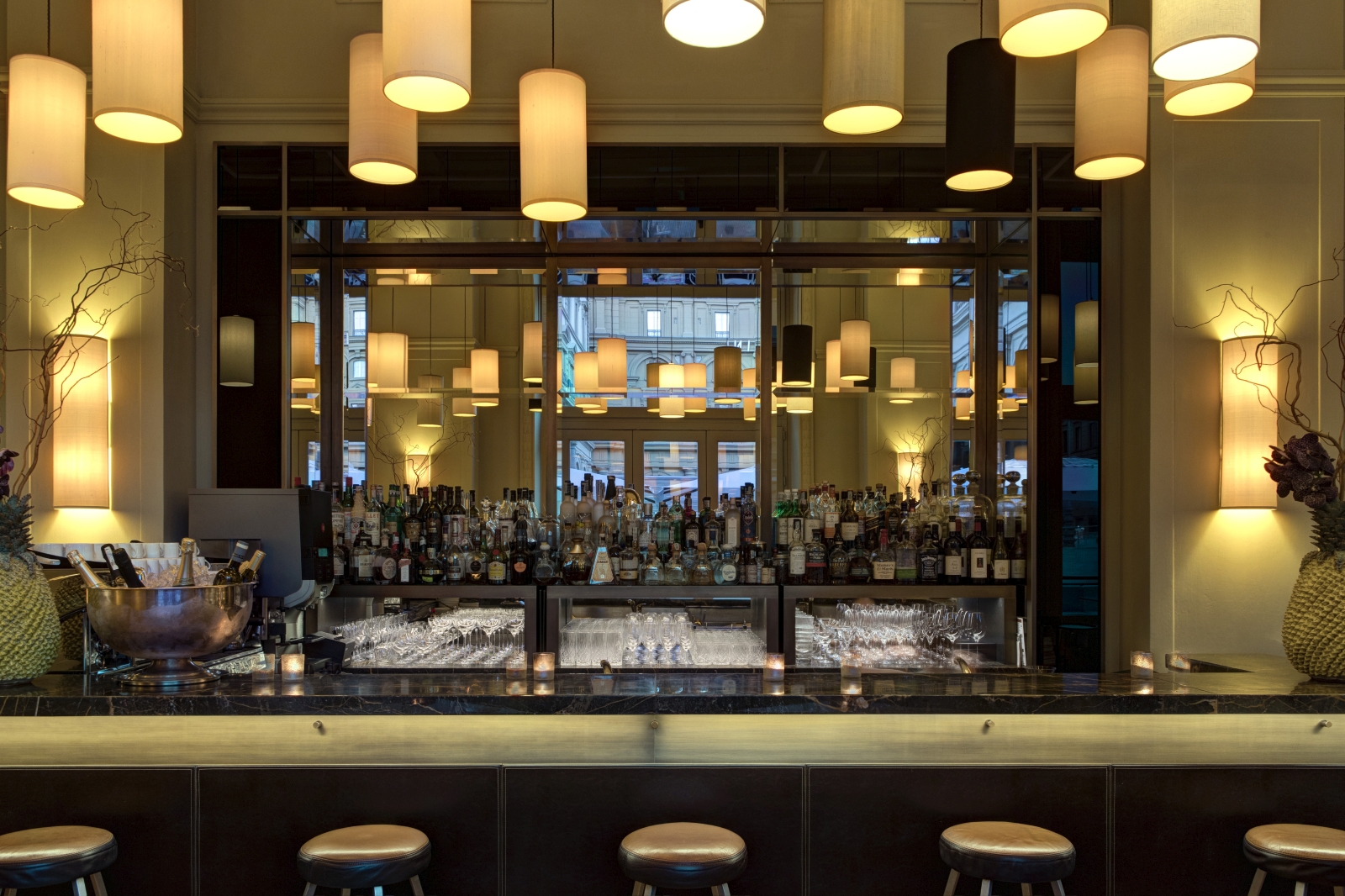 Bar at Irene with floating lights at Hotel Savoy, a luxury hotel in Florence, Italy