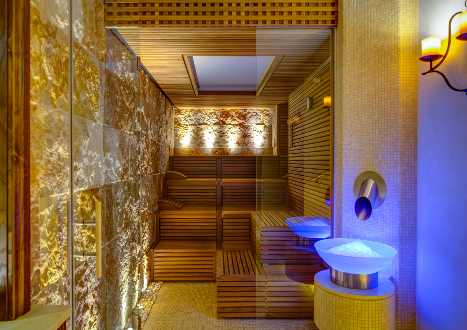 Multi-level steam room at Monastera Santa Rosa, luxury hotel in Italy