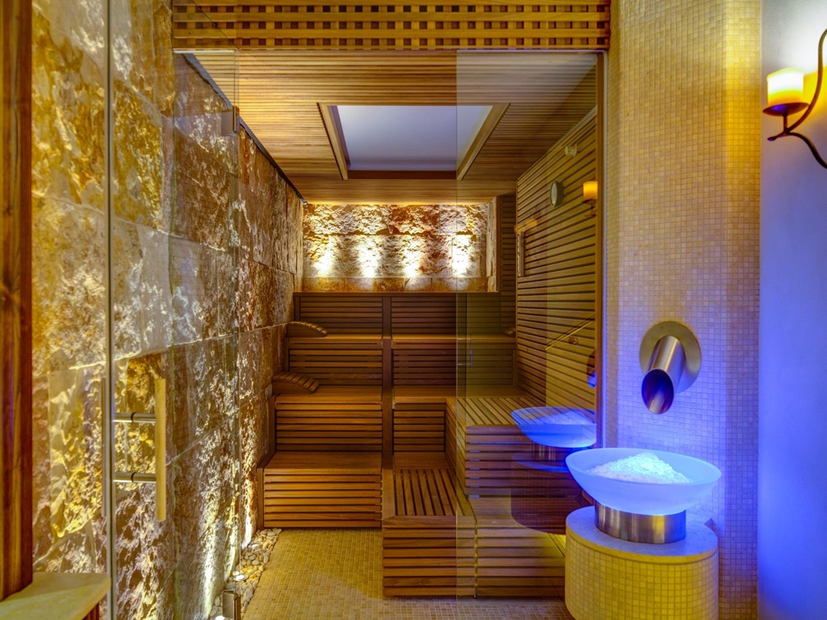 Multi-level steam room at Monastera Santa Rosa, luxury hotel in Italy
