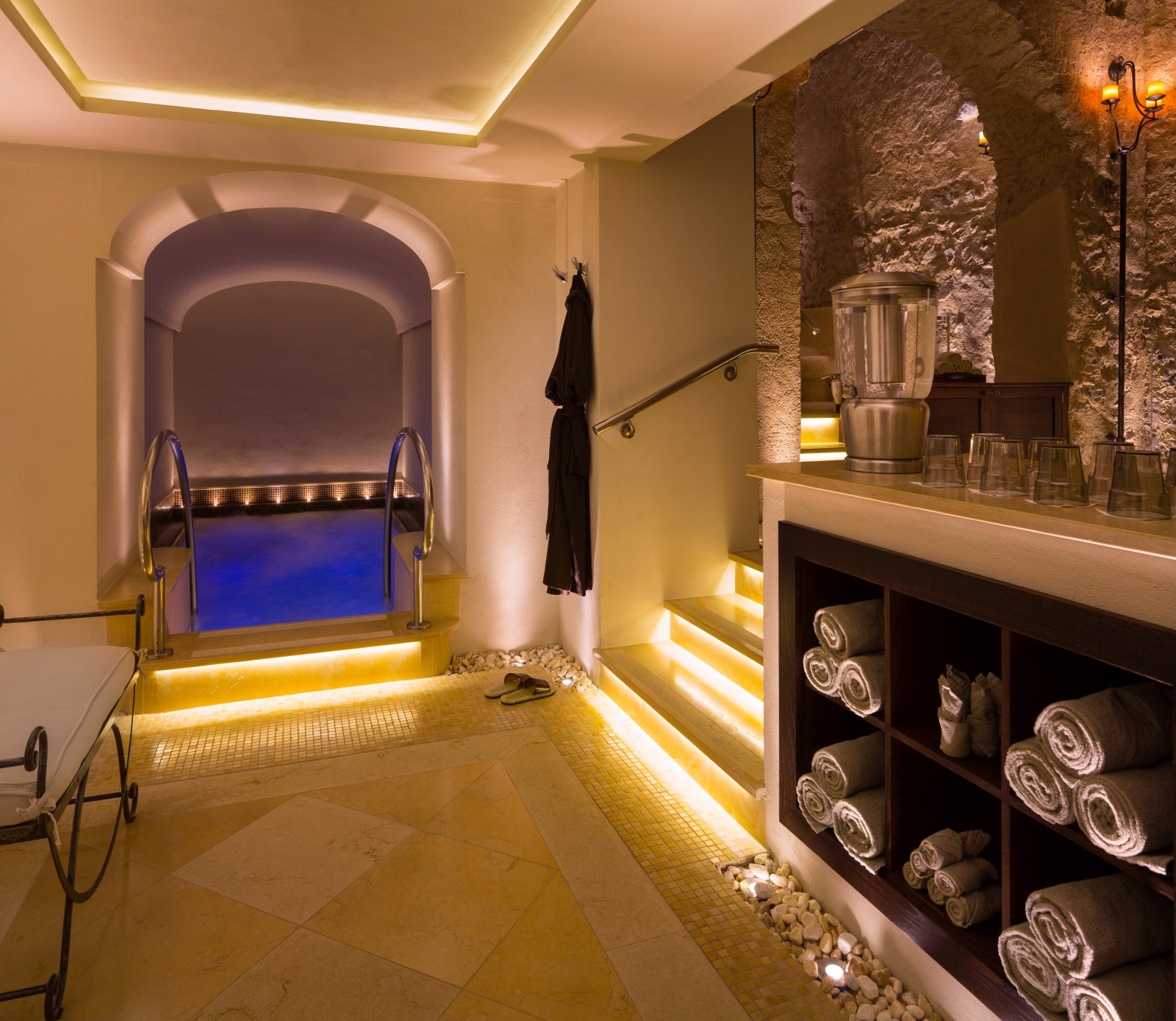 Entrance to the spa and pool at Monastera Santa Rosa, luxury hotel in Italy