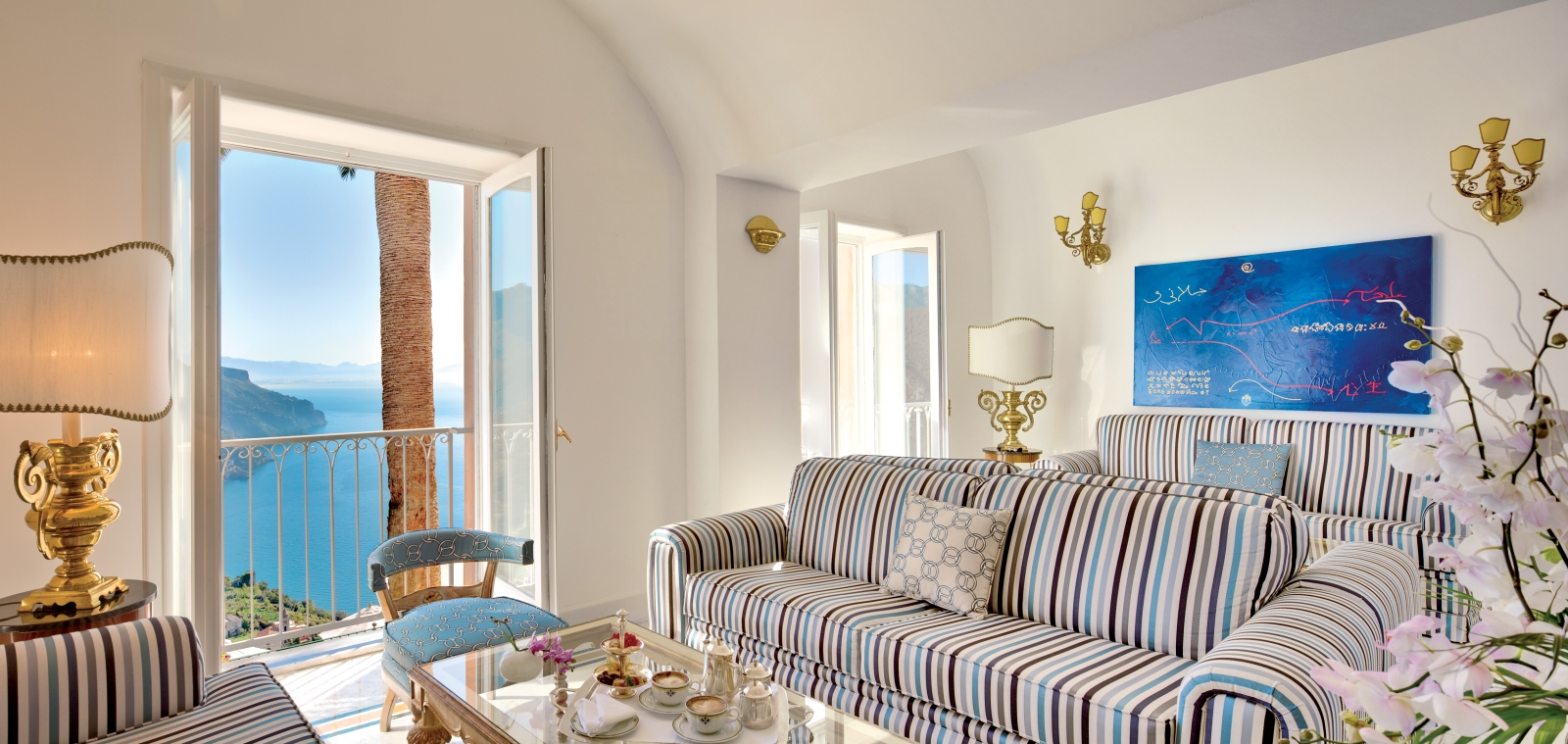 Comfortable seating at Cafee Dellarte at Palazzo Avino, luxury hotel in Italy