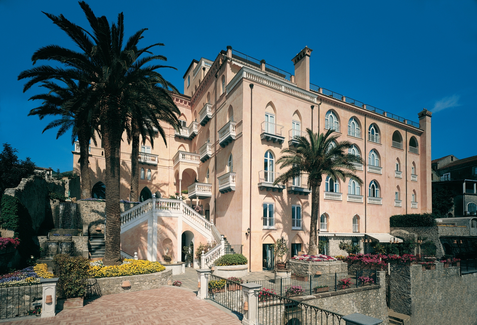 Exterior of Palazzo Avino with palms