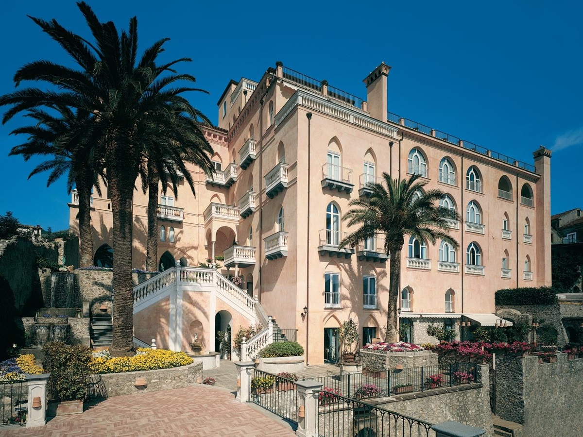 Exterior of Palazzo Avino with palms
