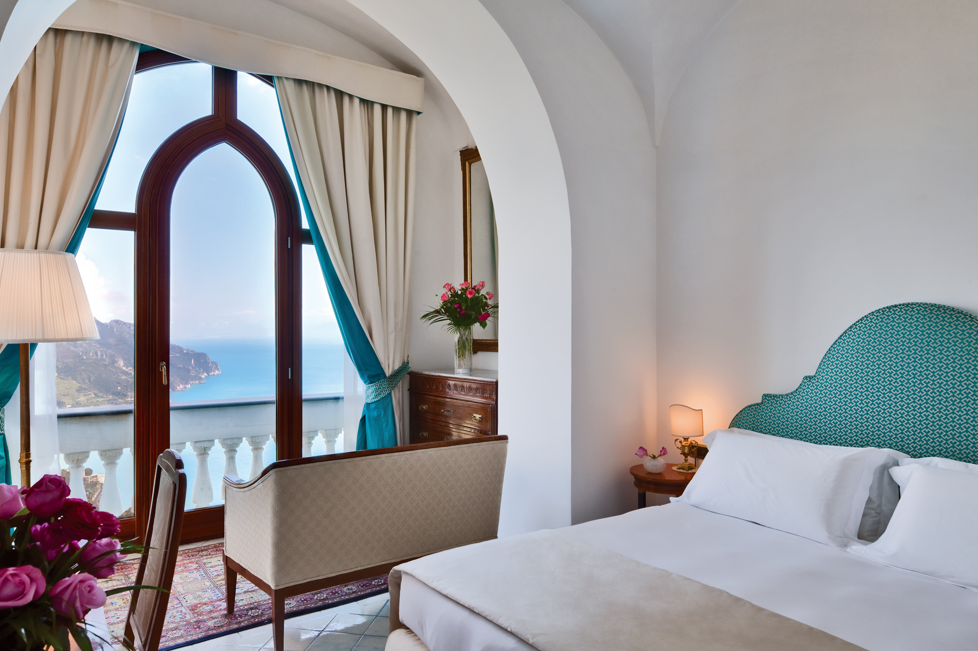 blue double bedroom in Palazzo Avino, Italy