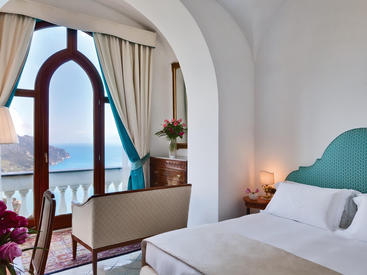 blue double bedroom in Palazzo Avino, Italy