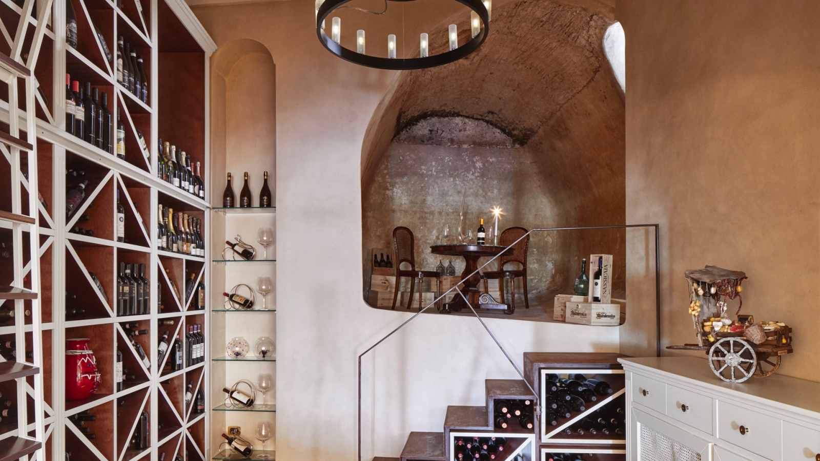 Sommeliers table in a cove in the wine cellar at Palazzo Avino, luxury hotel in Italy
