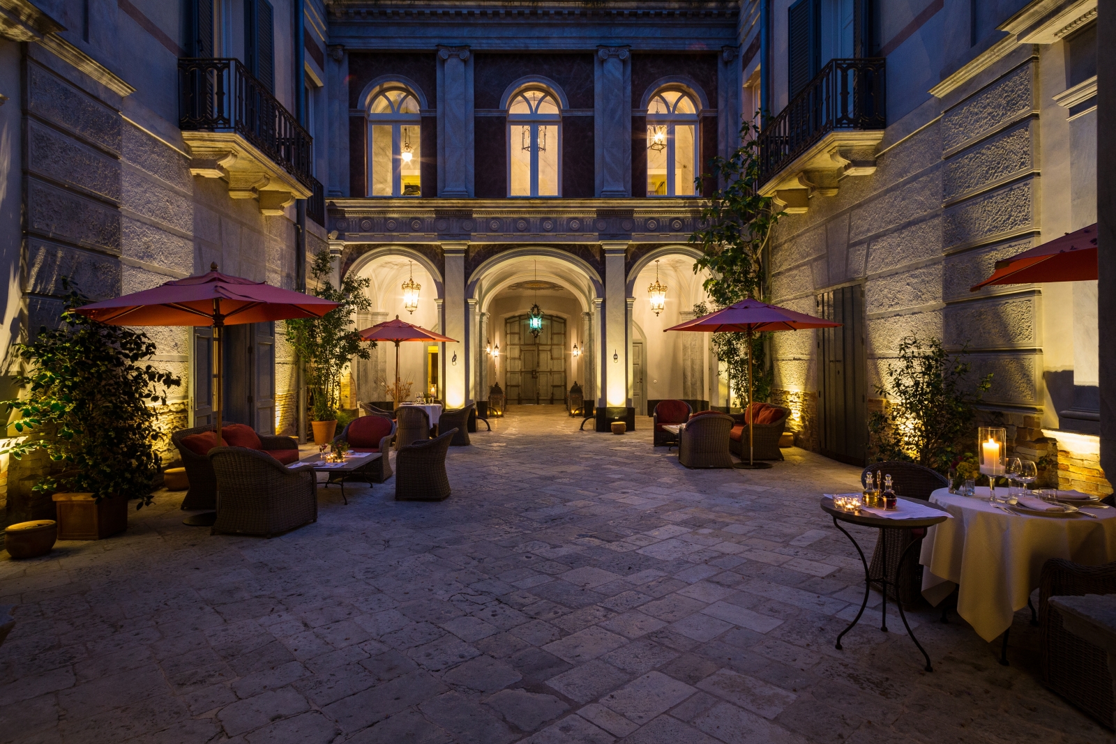 The courtyard at night at Palazzo Margherita