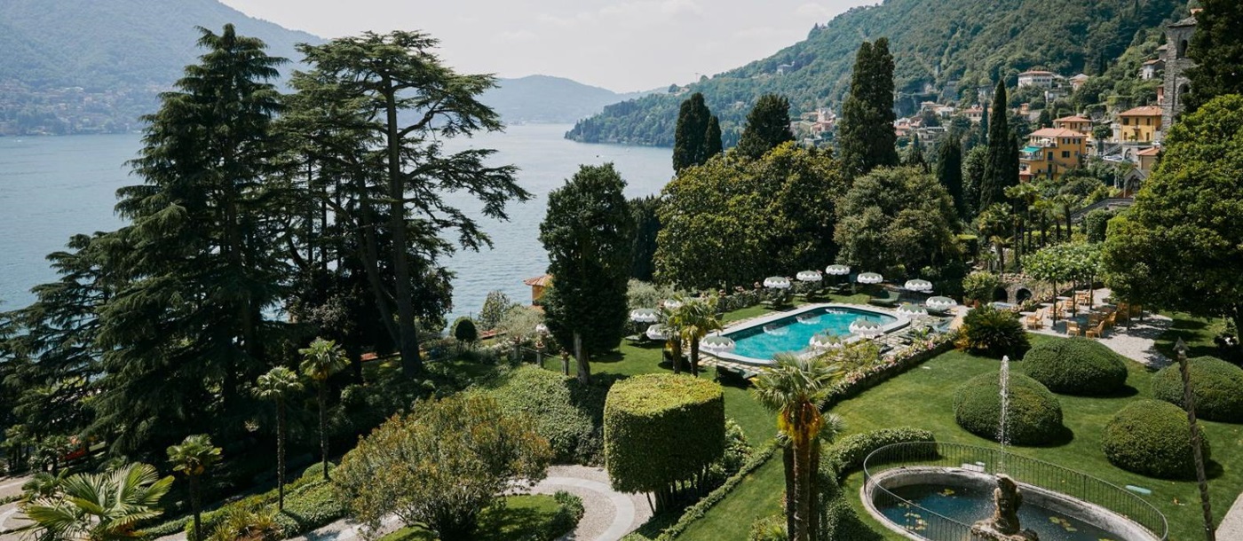 Aerial view of grounds and pool of Passalacqua on Italy's Lake Como