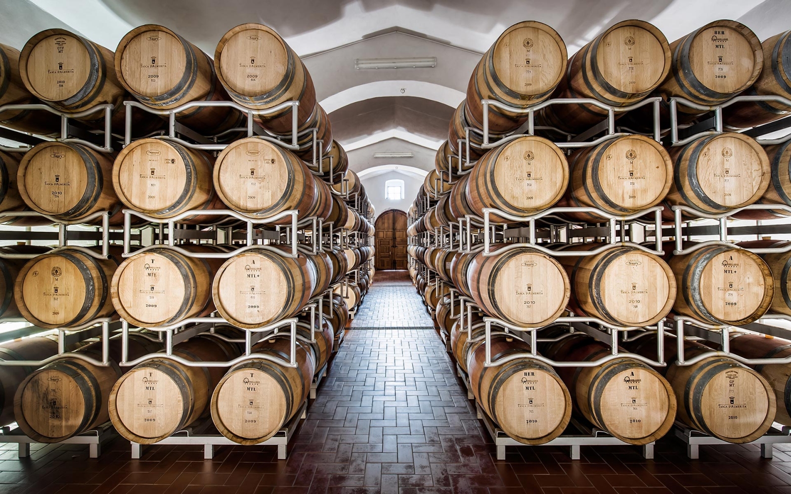 Stacked barrels of wine