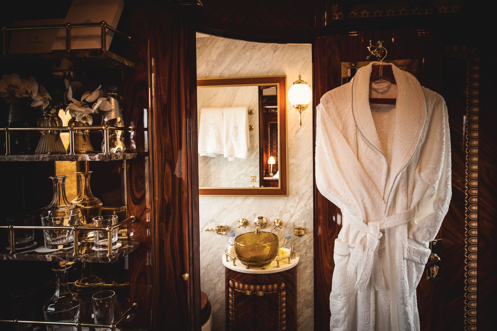 Grand Suite and bathroom on board the Venice Simplon Orient Express train