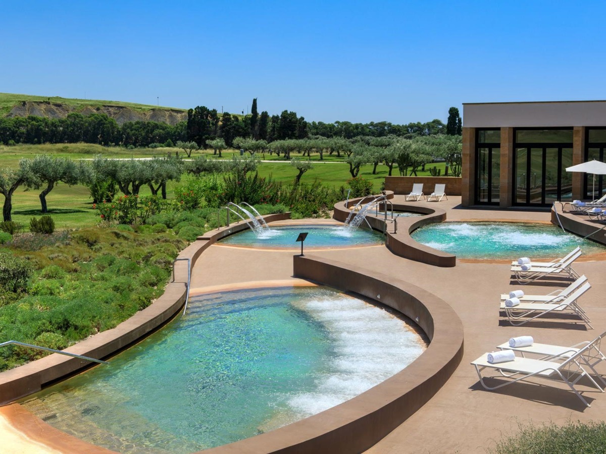 View across the Thelassotherapy poools at Verdura Resort, Sicily